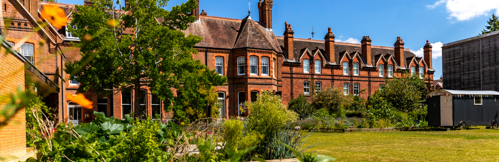 Looking across raised beds and lawn in the MERL garden to the back of the MERL building