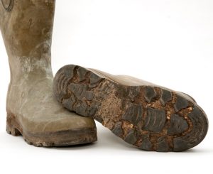 Detail of Founder of Glastonbury Festival, Michael Eavis' green wellies