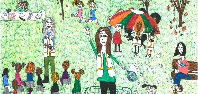 Drawn picture of a Friday Fledglings session in the MERL garden