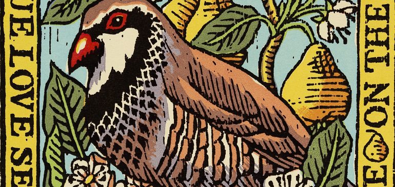 Archival image of a partridge in a pear tree from the Christmas carol for the shopping event