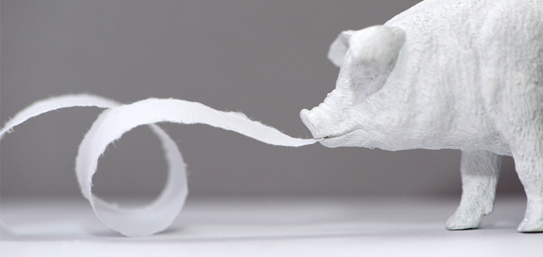 A black and white image of a small, felt pig with a strip of fabric pluming from its mouth, resembling smoke. It is for a display about pigs.