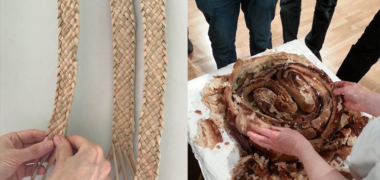 An image of two hands making a corn dolly, and two hands touching a large cinammon bun, for the MERL Seminar Wheat and Rush, Weave and Ritual with Catherine Morland and Amanda Couch