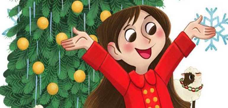 Cartoon of a happy girl in a red coat in front of a Christmas tree
