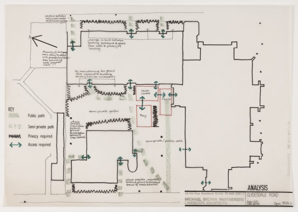 A hand drawing of a floorplan for the Clydesdale Road flats.