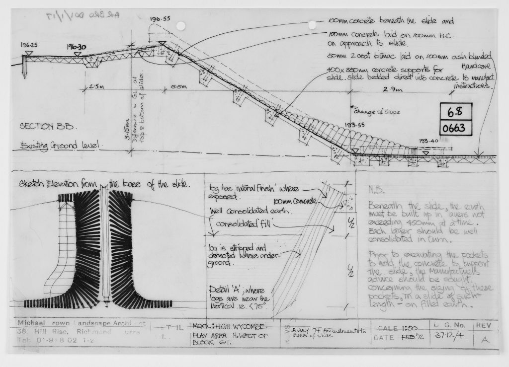 A hand drawing for the M.O.Q. High Wycombe play area, showing slides and other designs with annotations.