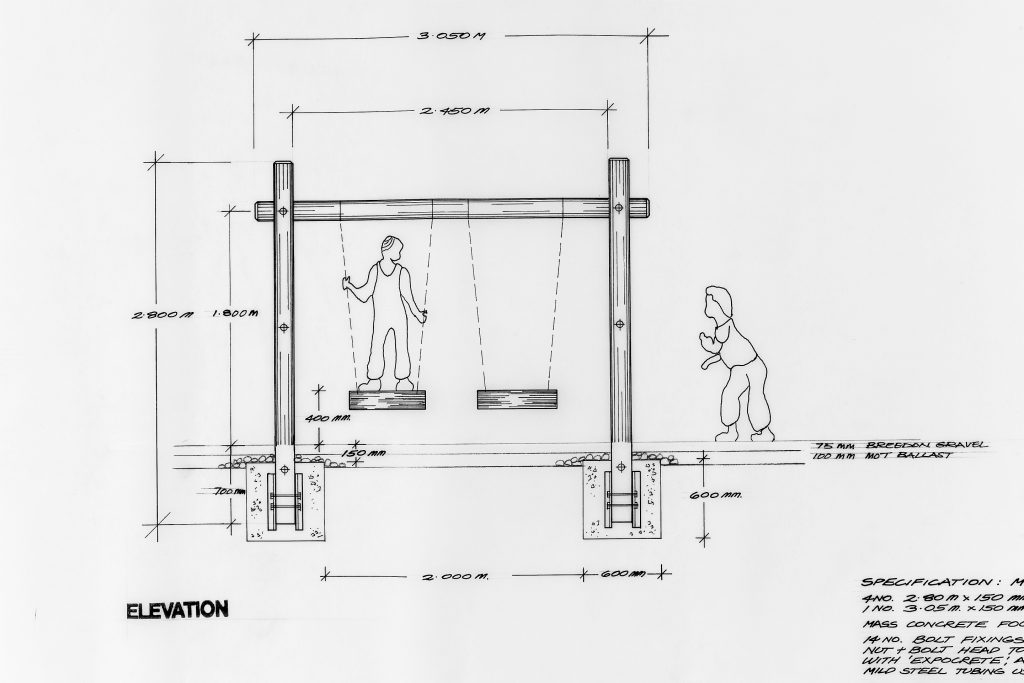 A hand-drawn diagram of a set of swings, with a young child standing on one set of swings and another child watching them.