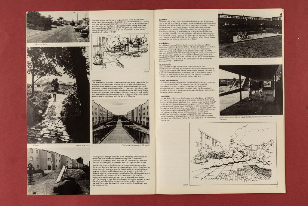 A photograph, taken from Landscape Design: Journal of the Institute of Landscape Architects (Feb. 1974), shows examples of children's play areas in the context of social housing estates built for new towns in Scotland.
