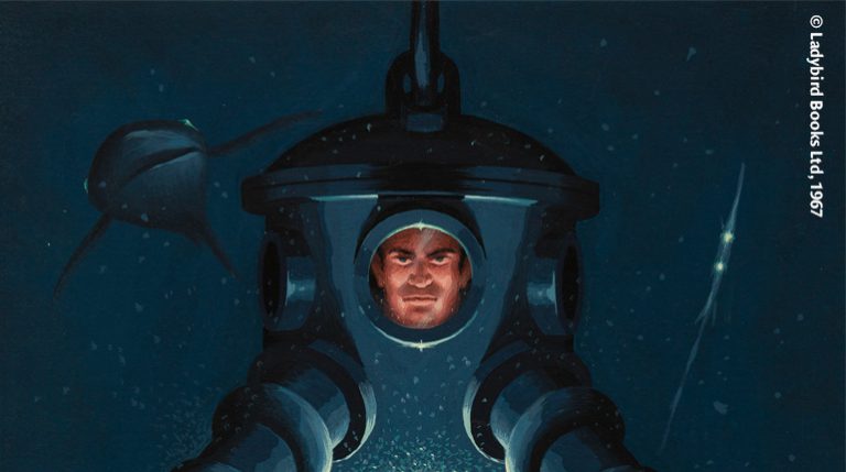 Artwork from 'Underwater Explorations' copyright Ladybird Books Ltd 1967 showing a man's face inside a dark blue diving suit on a dark blue background with a shark barely visible in the background