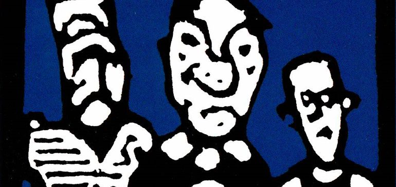 Three mens faces drawn in thick black lines and white with blue background