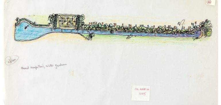 Hand drawing of a map of the hampstead heath water garden for the Jellicoe seminar at the MERL