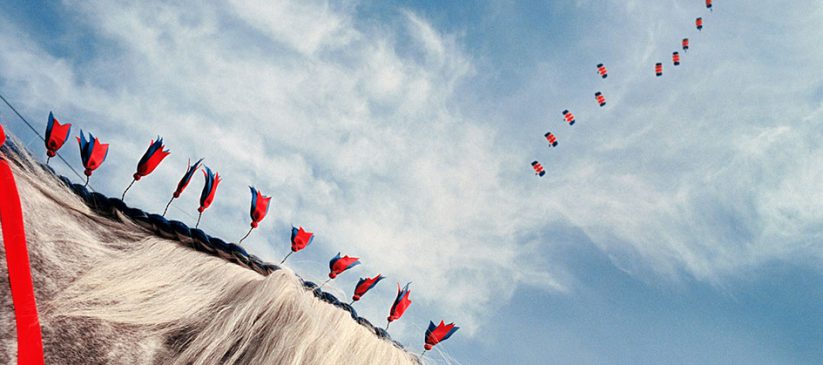 The curve of a horse's neck with decorated mane runs across the bottom-left-hand corner of the image and parachutes cross the sky above