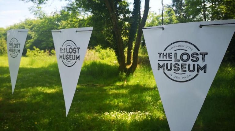 White bunting with The Lost Museum printed in black