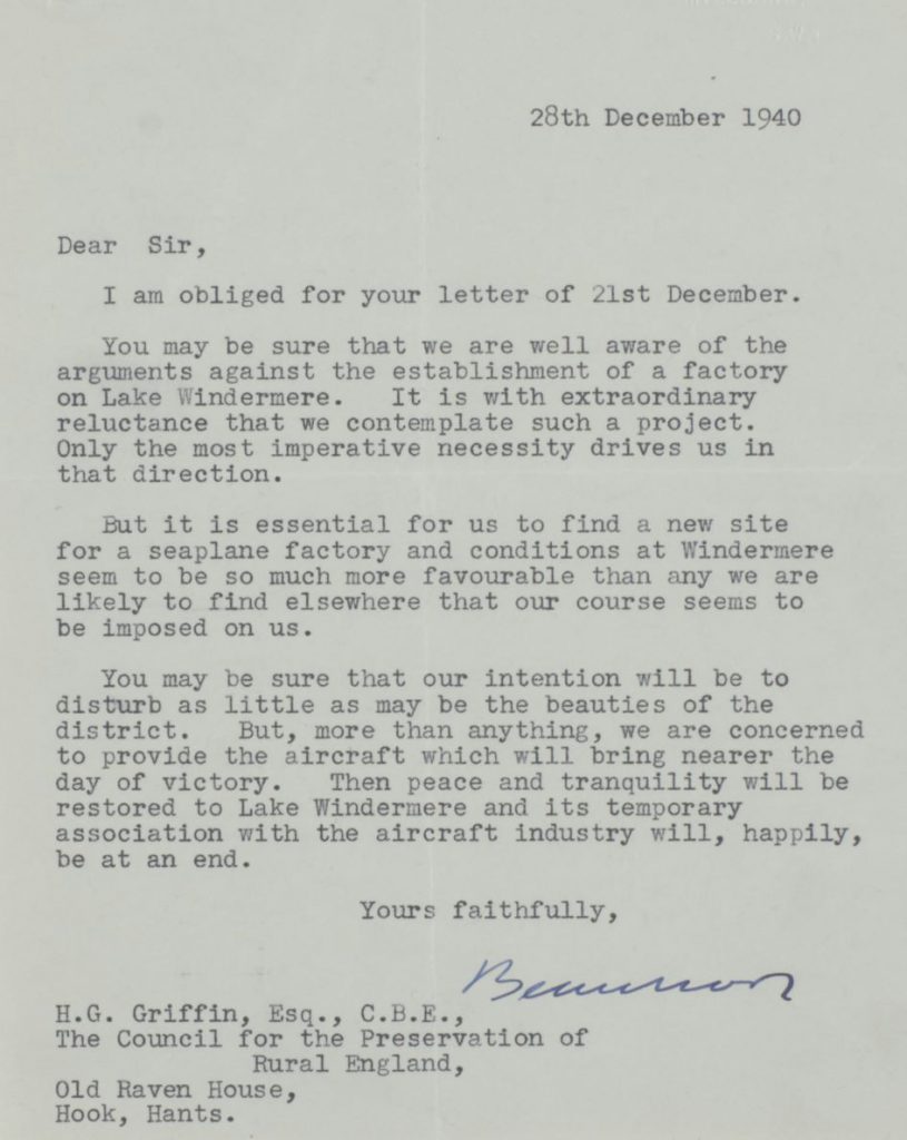 A letter from the Minister for Aircraft Production, Lord Beaverbrook, to lobbyists from the CPRE in 1940.