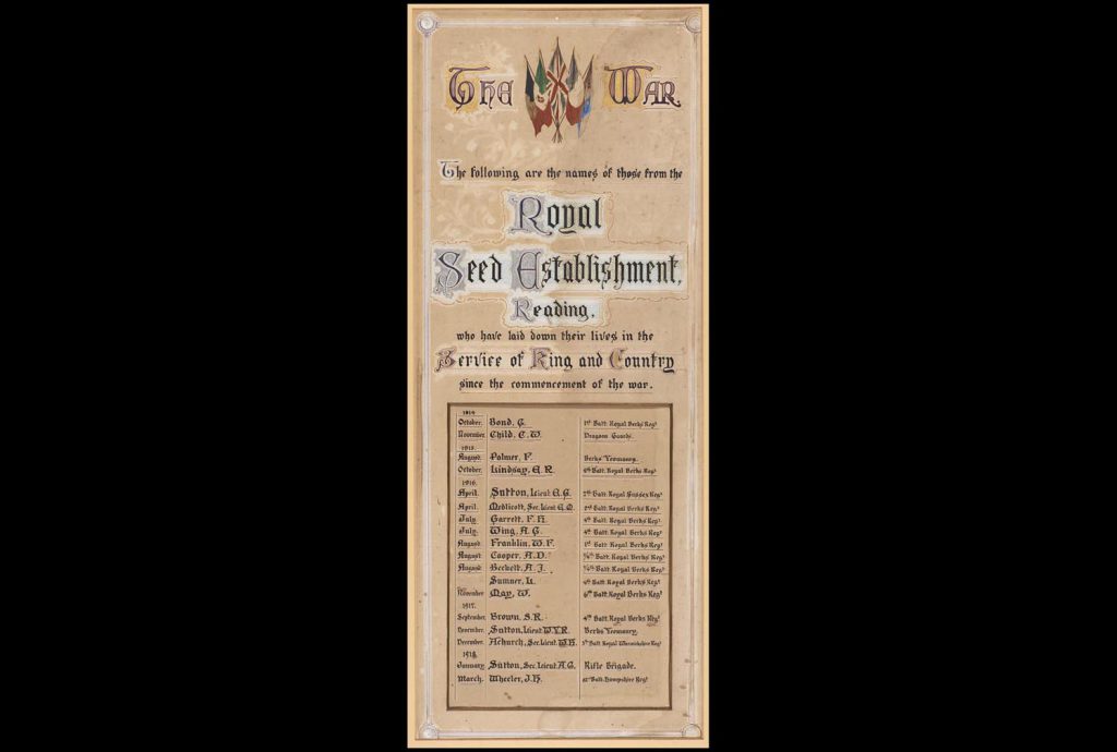 Decorative text on a beige background showing a list of people who lost their lives fighting in the First World War