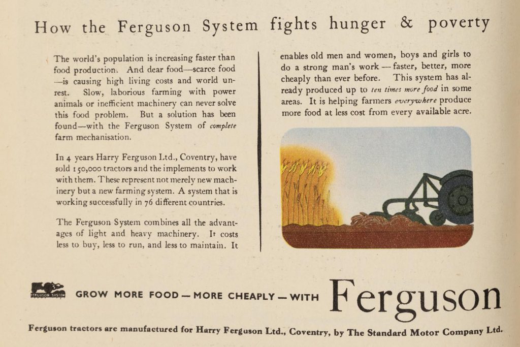 Text describing the impact that ferguson tractors are having on fighting world hunger, with small illustration of 3-point linkage on rear of tractor cultivating beside a cereal crop
