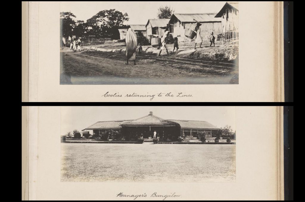 Two details: one from a black and white photograph of workers returning to work and another showing a large bungalow