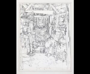 Black and white drawing of the interior of a hut called 'The Hermitage' by Thomas Hennell.