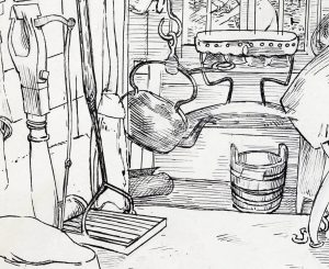 Detail from a black and white drawing of the interior of a hut called 'The Hermitage' by Thomas Hennell.