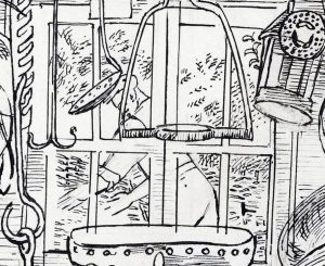 Detail from a black and white drawing of the interior of a hut called 'The Hermitage' by Thomas Hennell.