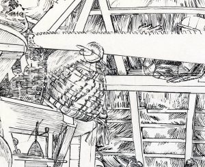 Detail from a black and white drawing of the interior of a hut called 'The Hermitage' by Thomas Hennell.