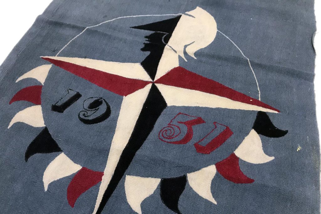 Blue, red, and white textile with Festival of Britain logo