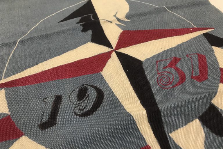 Blue, red, and white textile with Festival of Britain logo