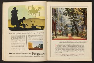 Double page spread in Ian Cox, The South Bank Exhibition: A Guide to the Story It Tells (London: HMSO, 1951) showing Ferguson tractor and allied ironfounders advertisements.