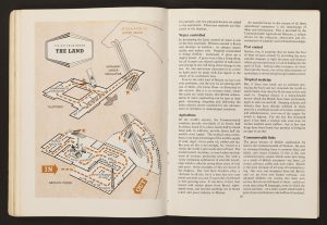 Double page spread in Ian Cox, The South Bank Exhibition: A Guide to the Story It Tells (London: HMSO, 1951), showing plan and description of section called 'The Land'