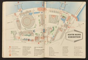 Double page spread in Ian Cox, The South Bank Exhibition: A Guide to the Story It Tells (London: HMSO, 1951) showing map of the main Festival site