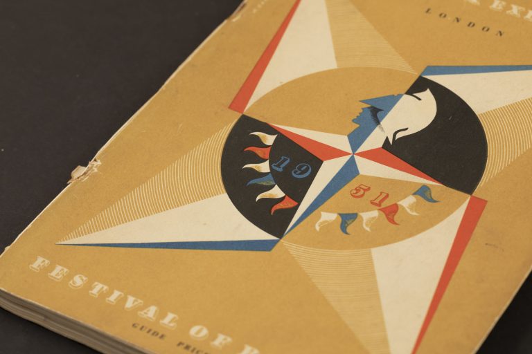Detail showing cover of Ian Cox, The South Bank Exhibition: A Guide to the Story It Tells (London: HMSO, 1951), featuring the Festival logo.