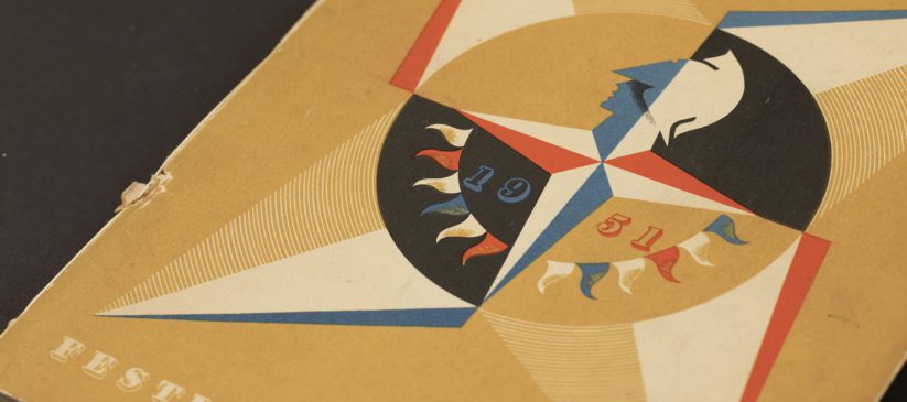 Detail showing cover of Ian Cox, The South Bank Exhibition: A Guide to the Story It Tells (London: HMSO, 1951), featuring the Festival logo.