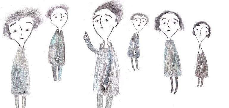 Drawing of 6 figures on a white background. Illustration by Linda Newcombe