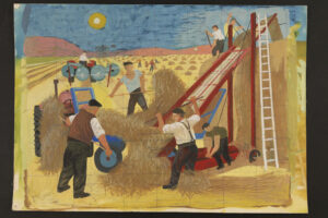 People at work making and stacking hay using an elevator