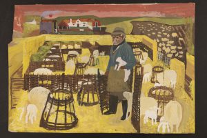 Painting showing a lambing man and sheep in sheep pens