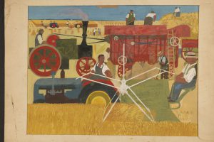 Painting showing reaper-binder, thresher and portable steam engine at work in a harvest scene