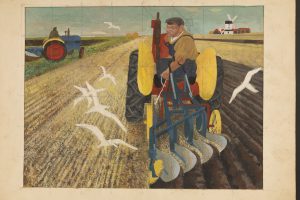 Painting showing tractor ploughing and birds following the furrow