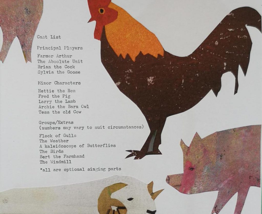 A cast list for Farmer Arthur's Paper Theatre