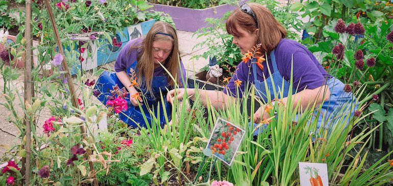 Two women gardening side by side