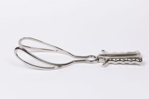 Stainless steel obstetric forceps (BMHC 2010.16.15). Image copyright Berkshire Medical History Centre.