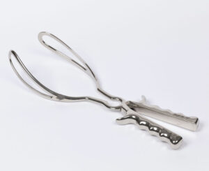 Stainless steel obstetric forceps (BMHC 2010.16.15). Image copyright Berkshire Medical History Centre.