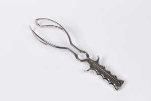 Stainless steel obstetric forceps (BMHC 2010.16.15). Image copyright Berkshire Medical History Centre.