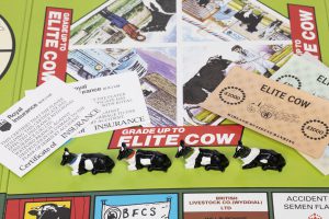 Board and playing pieces (detail) from Waddingtons, Grade Up To Elite Cow board game, 1986 (MERL 2010/34)