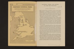 Inside cover and first page of Ministry of Town and Country Planning, National Parks and Access to the Countryside (London: HMSO, 1950) (MERL LIBRARY PAMPHLET 2860 BOX 07/05)