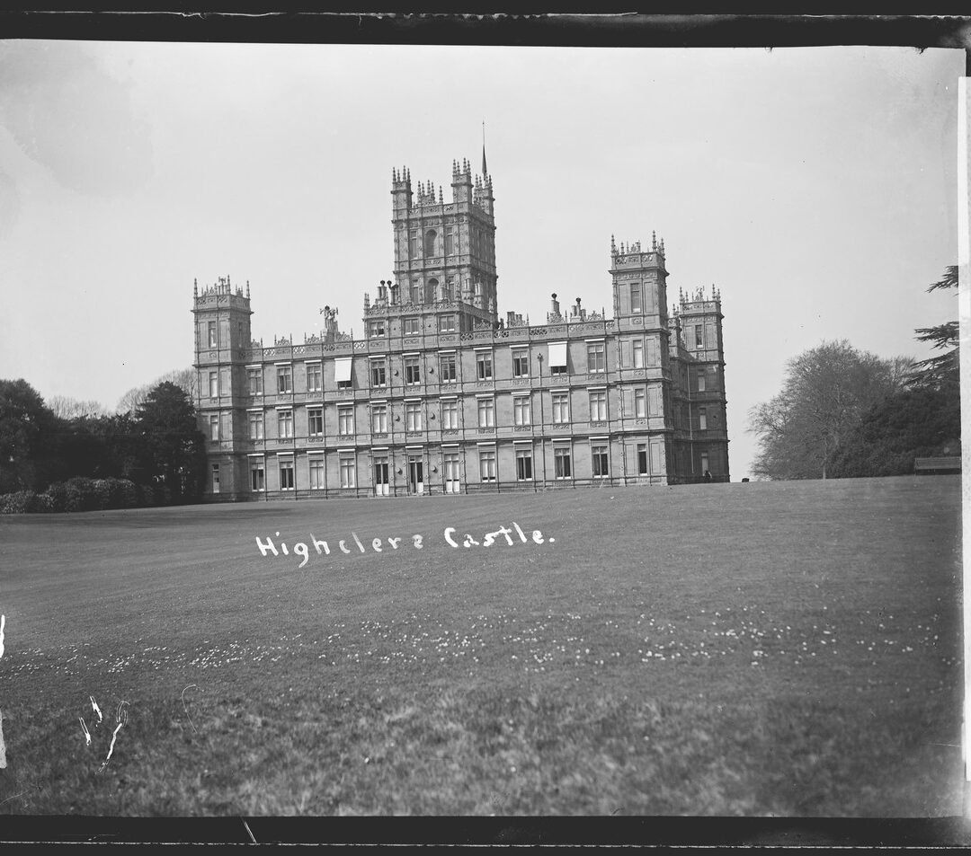Exterior of Highclere Castle This photograph, taken in the early 20th century by Philip Collier, shows the exterior of Highclere castle, where Downton would later be filmed.