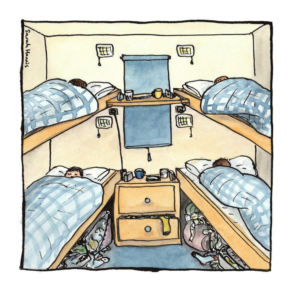 One of 30 ink and watercolour sketches by Sarah Hannis, provide an insight into the daily lives of migrant agricultural workers