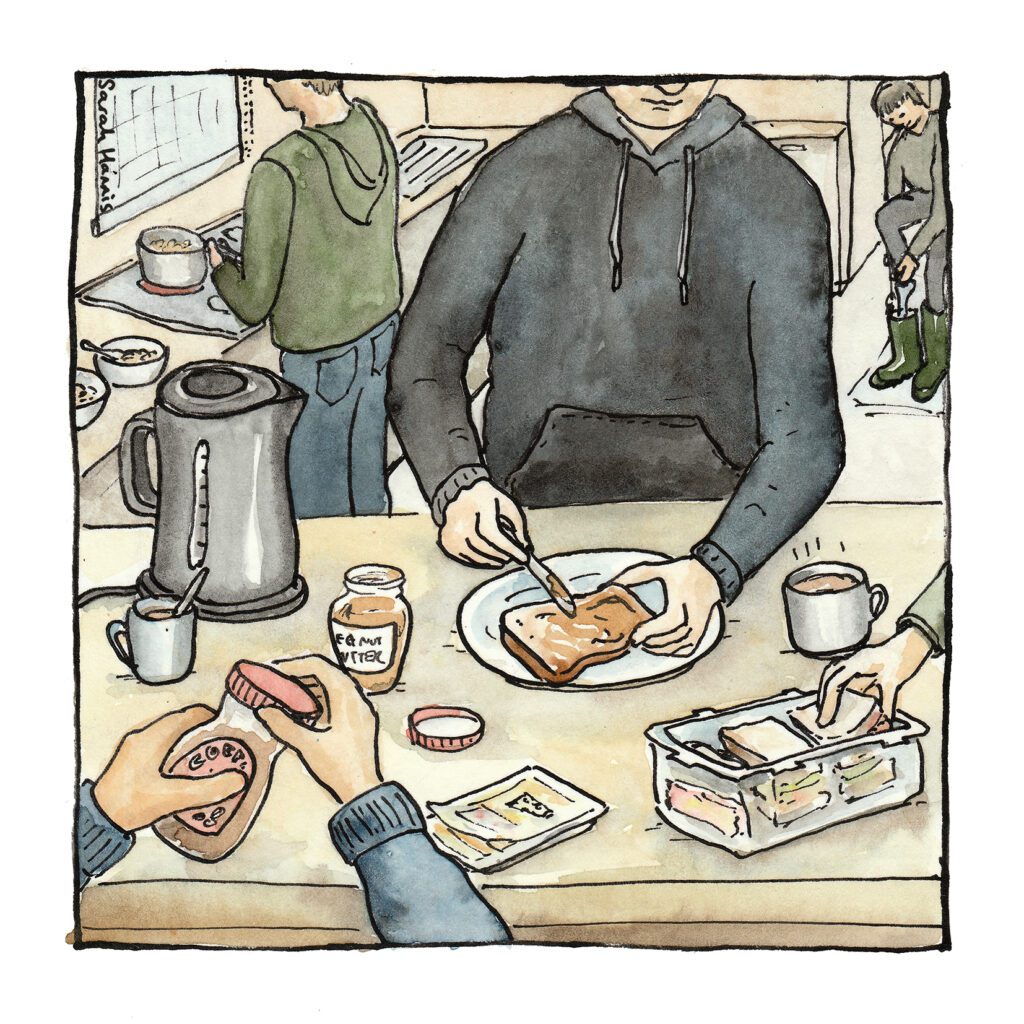 One of 30 ink and watercolour sketches by Sarah Hannis, provide an insight into the daily lives of migrant agricultural workers