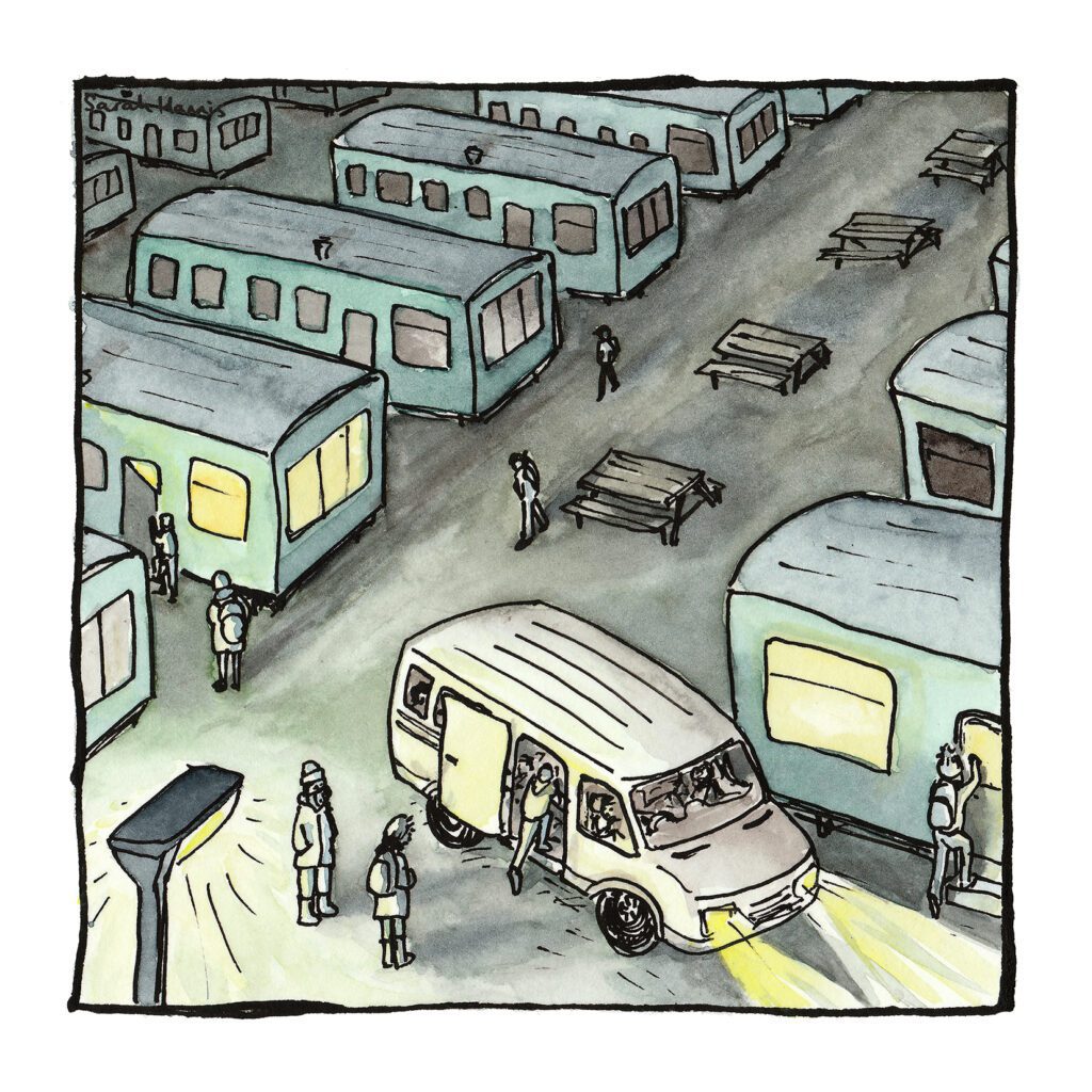 One of 30 ink and watercolour sketches by Sarah Hannis, provide an insight into the daily lives of migrant agricultural workers