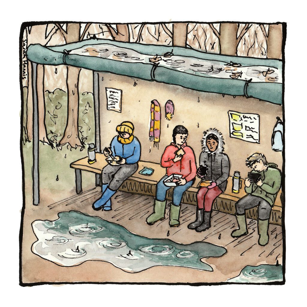 One of 30 ink and watercolour sketches by Sarah Hannis, provide an insight into the daily lives of migrant agricultural workers