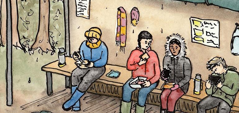 Detail from one of 30 ink and watercolour sketches by Sarah Hannis, provide an insight into the daily lives of migrant agricultural workers