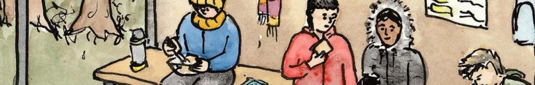 Detail from one of 30 ink and watercolour sketches by Sarah Hannis, provide an insight into the daily lives of migrant agricultural workers